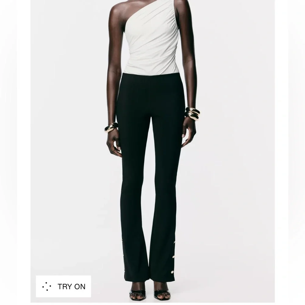 Zara NWT black gold button flare hem detail legging pants